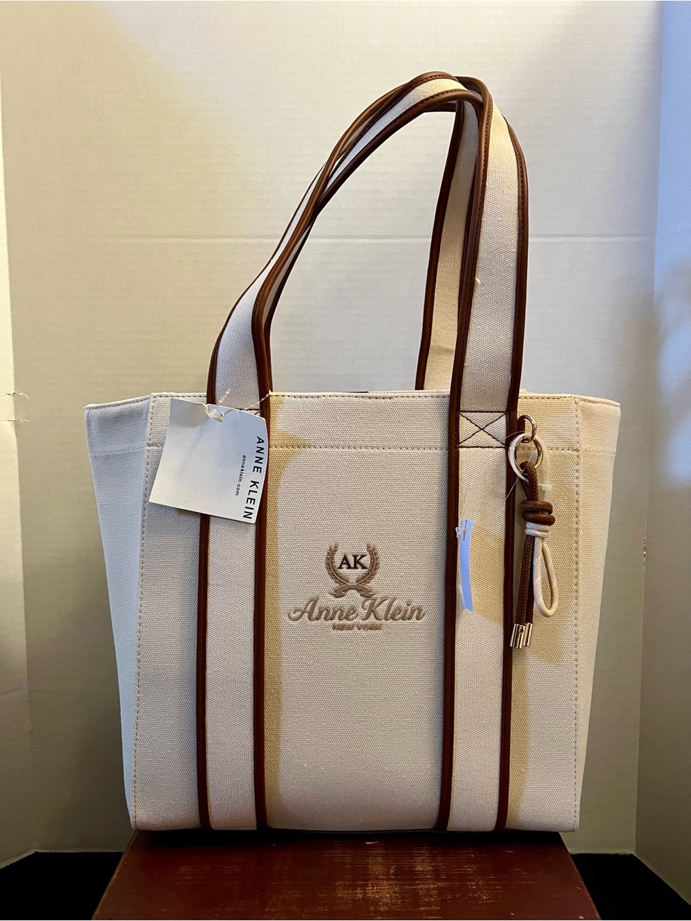 Anne Klein Cream Canvas Tote with Brown Trim and Double Handles - Picture 6 of 10